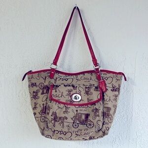 Coach Horse & Carriage Red Fabric Leather Handbag Shoulder Bag No L0973-F14856